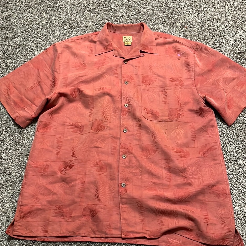 JOs.A Bank Shirt men’s large Palm Tree imprint Orange‎ short sleeve soft shirt
